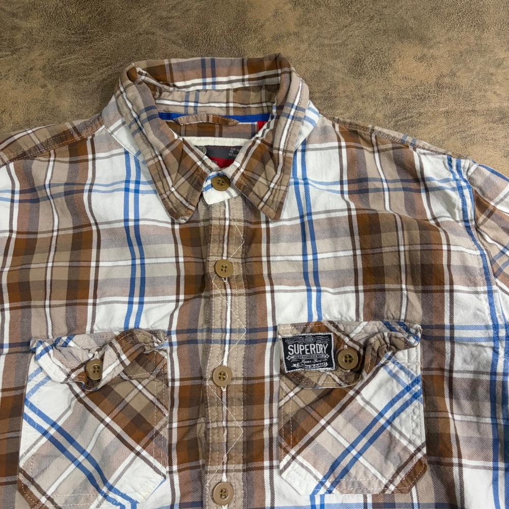 Superdry Button Down Shirt Mens XL Brown Plaid Cotton Long Sleeve Flannel